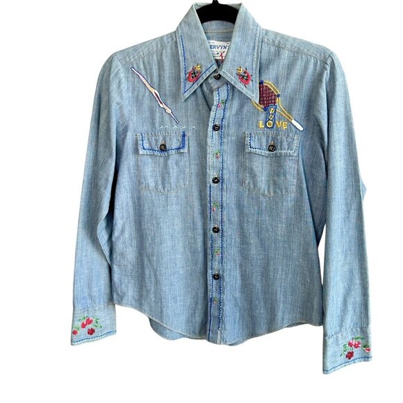 Vintage 60s 70s Hand Embroidered Denim Chambray  Shirt Tennis Floral - Picture 2 of 12